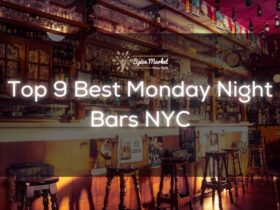 Top 9 Best Monday Night Bars NYC - bar counter with different types of alcohol, chairs and bottles of alcohol design on the ceiling